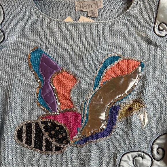 Nannell Hand Knit Metallic Sweater Bird & Cloud Appliqué Women’s L - Picture 4 of 6